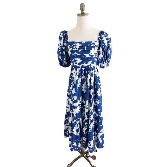 Abercrombie & Fitch Blue & White Floral Print Midi Dress Square Neck Puff Sleeve - Picture 1 of 7